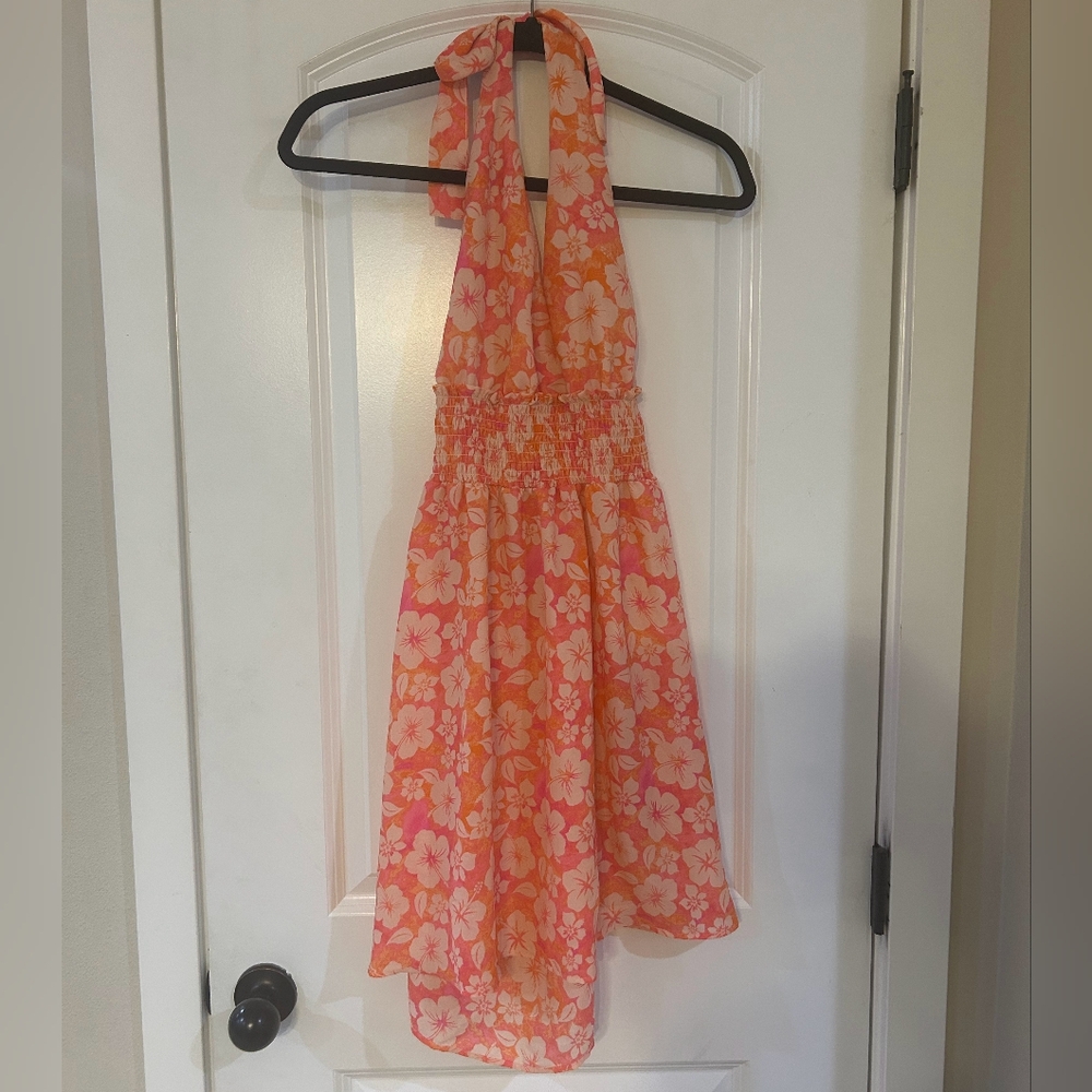 MADDEN NYC Pink and Orange Backless Dress with Halter Neckline